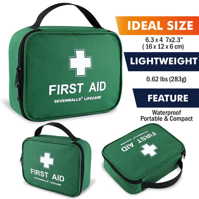 Green first aid kit with Sevenwalls Lifecare branding, showing size, weight, and features on a white background.
