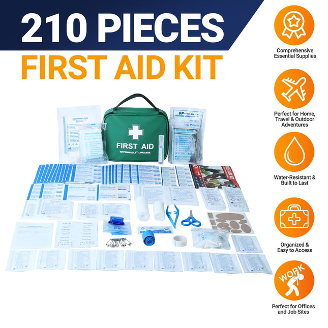 210-piece first aid kit with components displayed on a white background