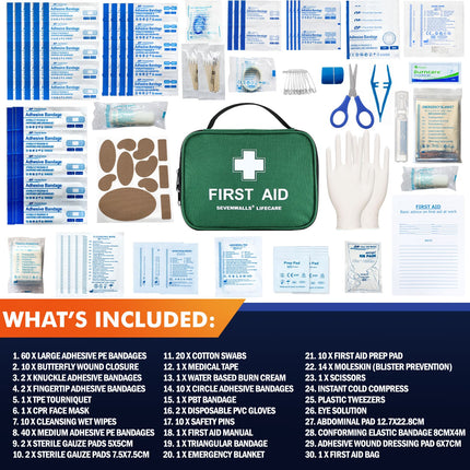 First aid kit with various components and a green carrying case on a white background.