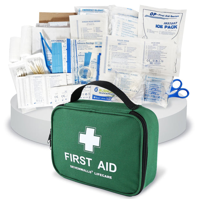 First aid kit with contents on a white background