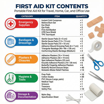 First aid kit contents list with illustrations of items