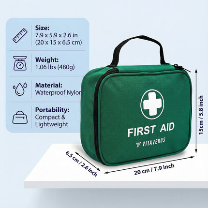 Green first aid kit with dimensions and specifications on a light blue background