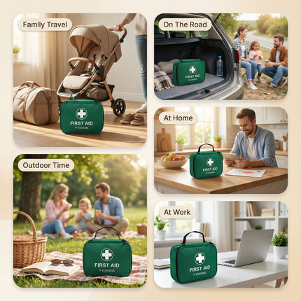 Collage of a green first aid kit used in various scenarios including family travel, on the road, at home, outdoor time, and at work.