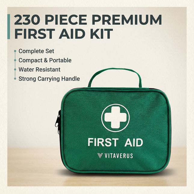 Green first aid kit with Vitaverus branding on a beige background