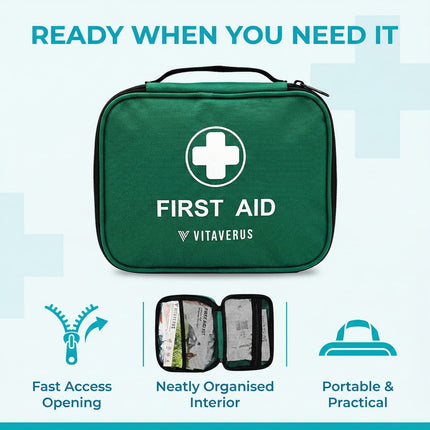 Green first aid kit with Vitaverus branding on a light blue background