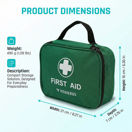 Green first aid kit with dimensions and weight information on a light blue background