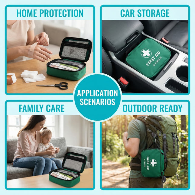 Green first aid kit with various usage scenarios including home protection, car storage, family care, and outdoor readiness.