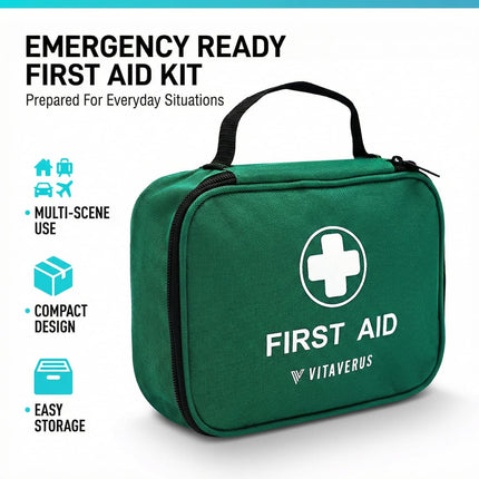 Green first aid kit with Vitaverus branding on a white background