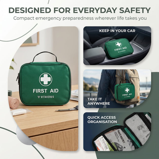 Green first aid kit with Vitaverus branding on a white background