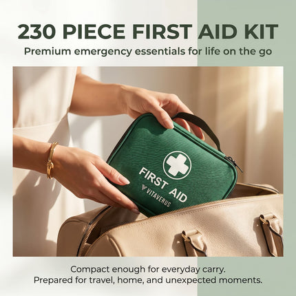 Green first aid kit held by a person with text about its features.