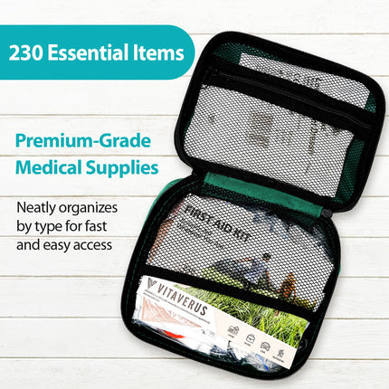 Open mesh medical supply bag with labeled items on a light wooden surface