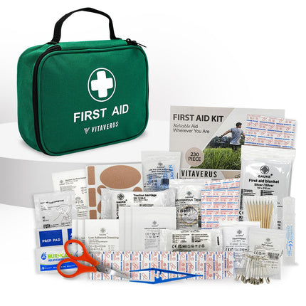 Vitaverus first aid kit with various supplies on a white background