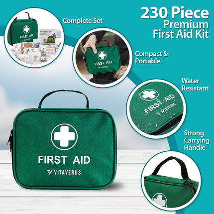 Green first aid kit with Vitaverus branding on a white background