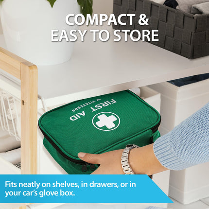 Green first aid kit being placed on a shelf with text highlighting its compact size and ease of storage.