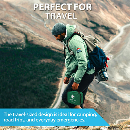 Person hiking with a backpack and first aid kit on a mountain trail, with text 'Perfect for Travel' and description.