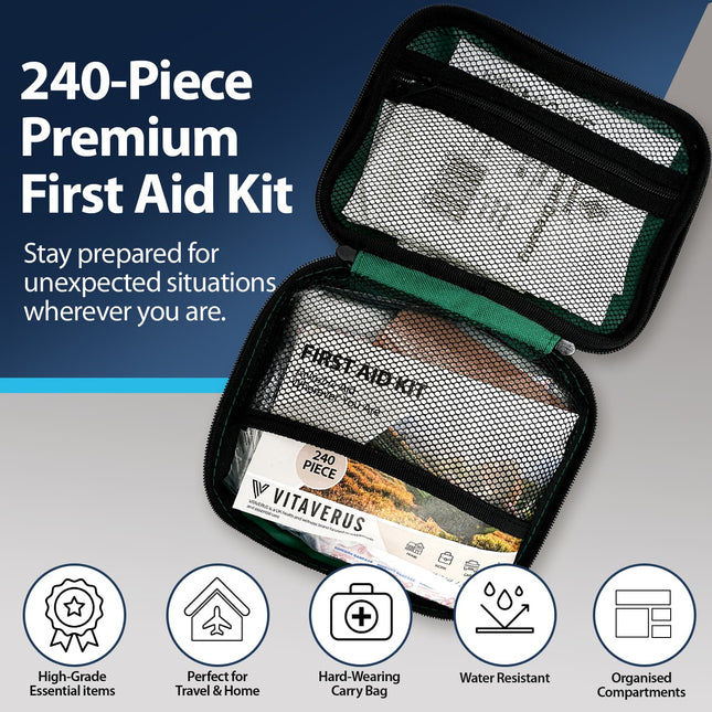 240-piece premium first aid kit with open compartments on a gray background, featuring Vitaverus branding.