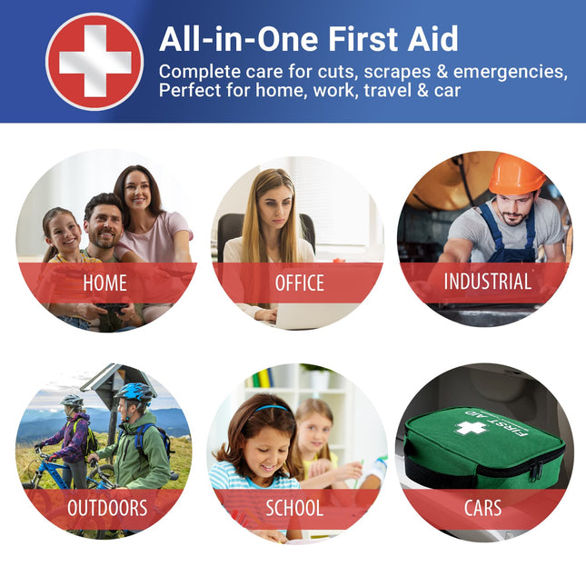 All-in-One First Aid kit advertisement with scenarios for home, office, industrial, outdoors, school, and cars.