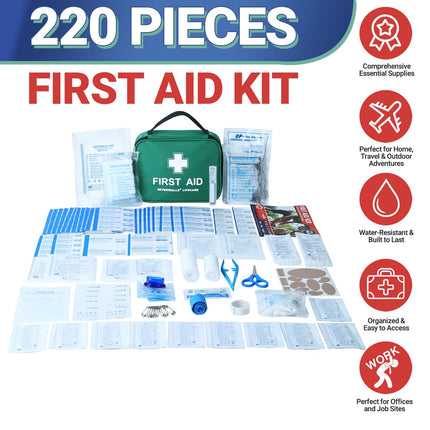 220-piece first aid kit with green bag and various supplies on a white background