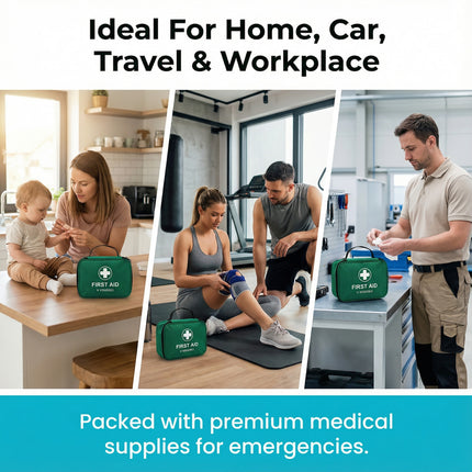 First aid kit used in various settings including home, car, travel, and workplace.