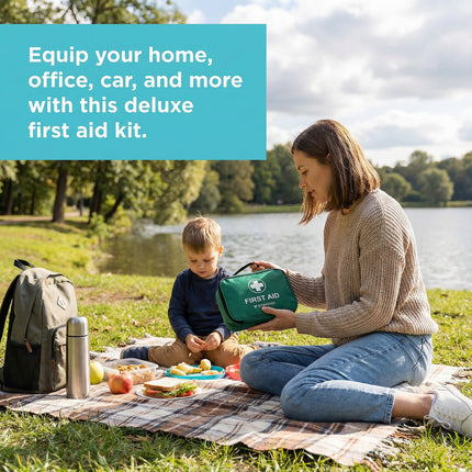 Woman and child with a first aid kit in a park setting