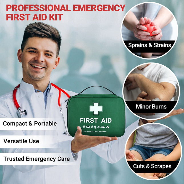 First aid kit held by a person with medical background, surrounded by images of injuries and text about its uses.