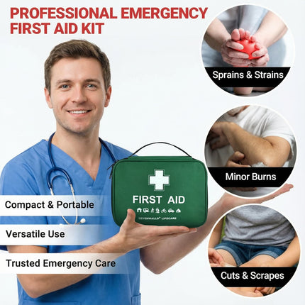 Person holding a green first aid kit with images of injuries and text about its features.