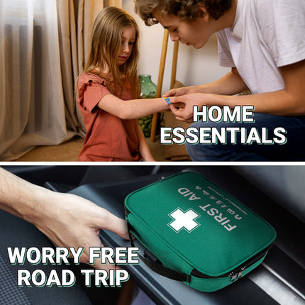 Top: Person applying bandage to a child's arm, Bottom: First aid kit on car seat with text 'Home Essentials' and 'Worry Free Road Trip'.