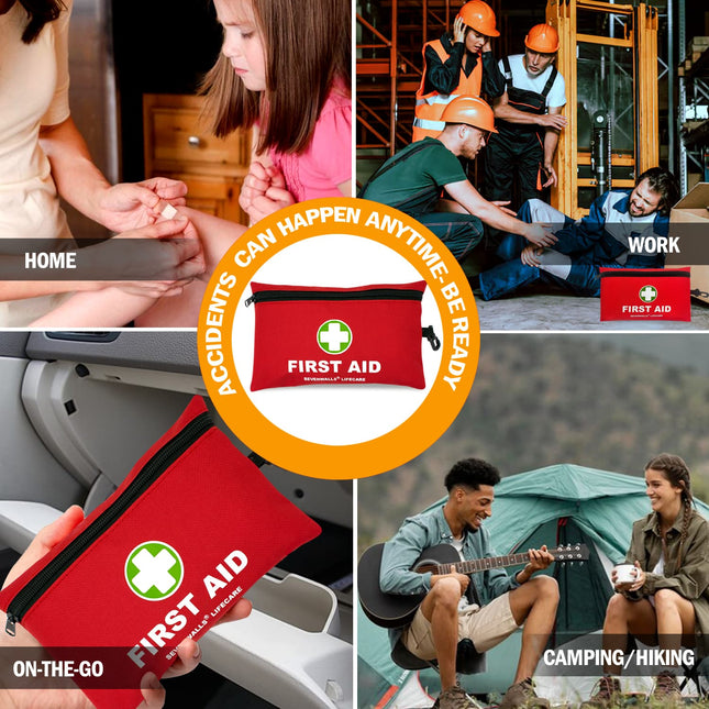 Collage of first aid kits in various settings with text indicating different scenarios.
