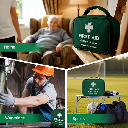 Collage of a first aid kit in different settings: home, workplace, and sports.