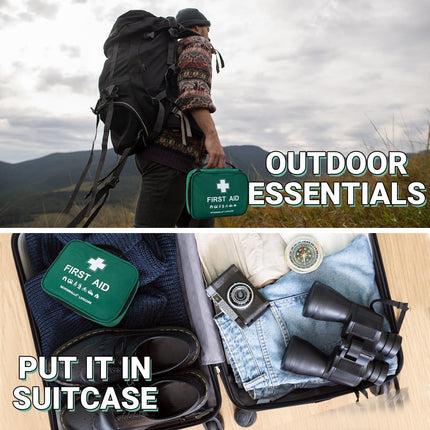 Person with backpack and first aid kit in outdoor setting, with text 'Outdoor Essentials' and 'Put it in suitcase'.