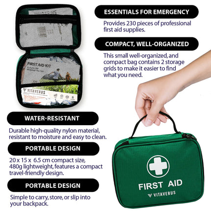 Green first aid kit with Vitaverus branding, held by a hand, on a white background with text highlighting features.