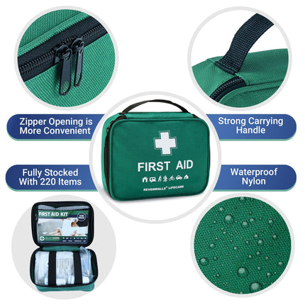Green first aid kit with features highlighted on a white background
