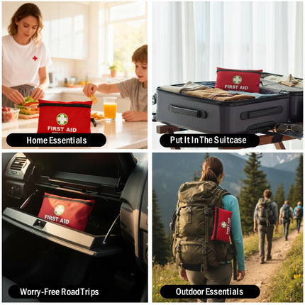 Collage of a first aid kit used in various settings including home, car, and outdoor activities.