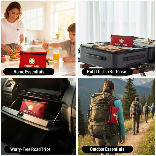 Collage of a first aid kit used in various settings including home, car, and outdoor activities.