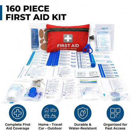 160 piece first aid kit with various supplies on a white background