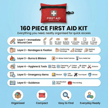 160-piece first aid kit with layers of contents on a blue background