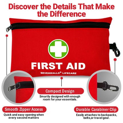 Red first aid kit with Sevenwalls Lifecare branding, featuring a green cross symbol.