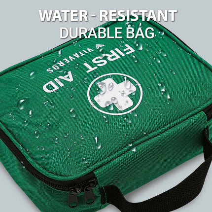 Green first aid kit with water-resistant text on a gray background