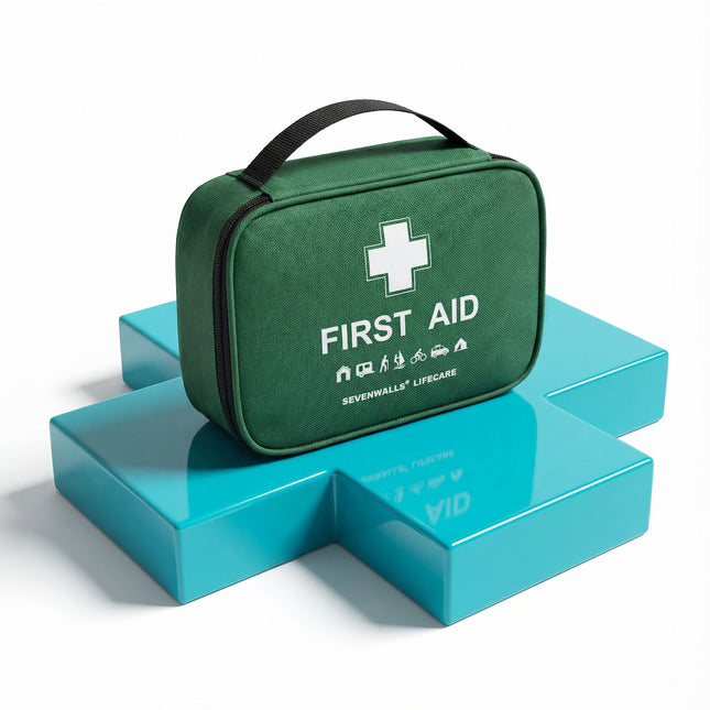 Green first aid kit with a white cross symbol on a white background