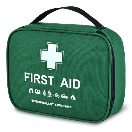 Green first aid kit with Sevenwalls Lifecare branding on a white background