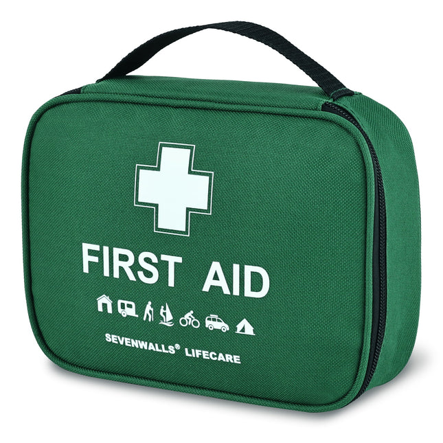 Green first aid kit with Sevenwalls Lifecare branding on a white background