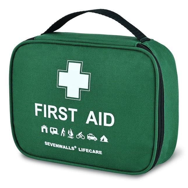 Green first aid kit with Sevenwalls Lifecare branding on a white background