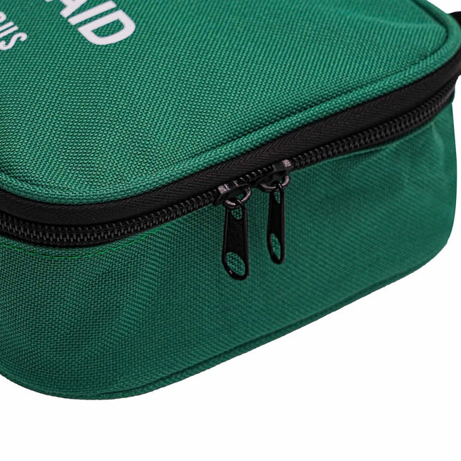 Green first aid kit with black zipper for overseas travel 