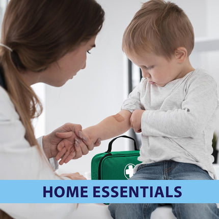 Woman and child with a green first aid kit, labeled 'Home Essentials'.