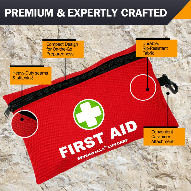 Red first aid kit with features highlighted on a stone background