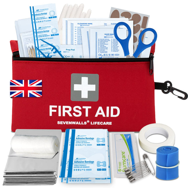 Red first aid kit with various supplies including bandages and scissors, branded 'Sevenwalls Lifecare'.