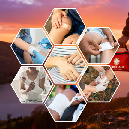 Hexagonal collage of people applying bandages with a sunset background