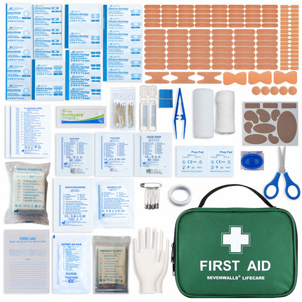 Collection of first aid supplies including bandages, plasters, and a green first aid kit on a white background.