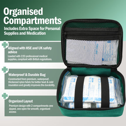 Compact first aid kit with adhesive plasters, gauze pads, and safety tools