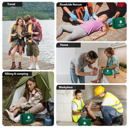 Collage of scenarios showing the use of a first aid kit: travel, roadside rescue, home, hiking & camping, and workplace.